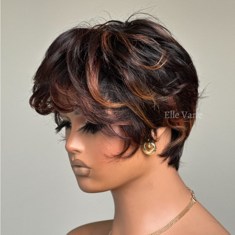 Elle Vane Put On & Go Brown Highlight Short Pixie Cut Wig with Bangs