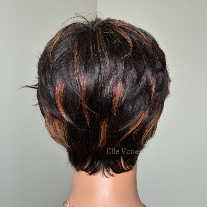 Elle Vane Put On & Go Brown Highlight Short Pixie Cut Wig with Bangs