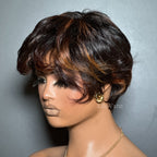 Elle Vane Put On & Go Brown Highlight Short Pixie Cut Wig with Bangs