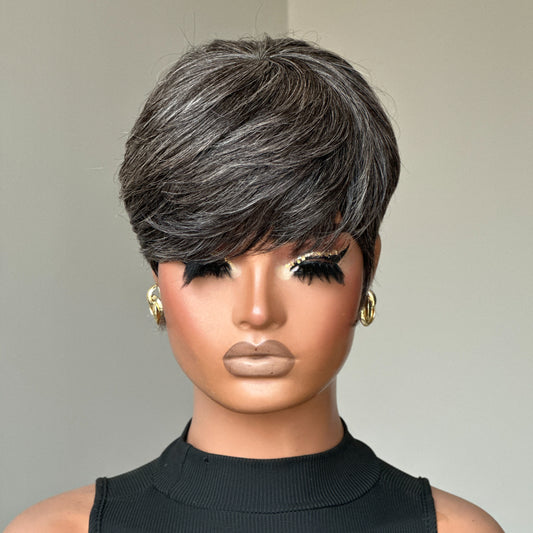 Designer Salt and Pepper Pixie Cuts Glueless Human Hair Wig