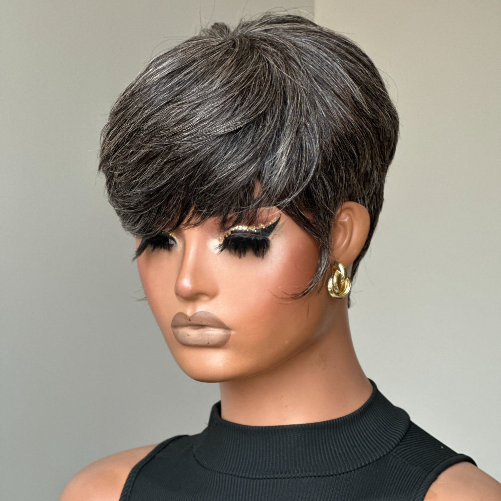 Elle Vane Designer Salt and Pepper Pixie Cuts Glueless Human Hair Wig