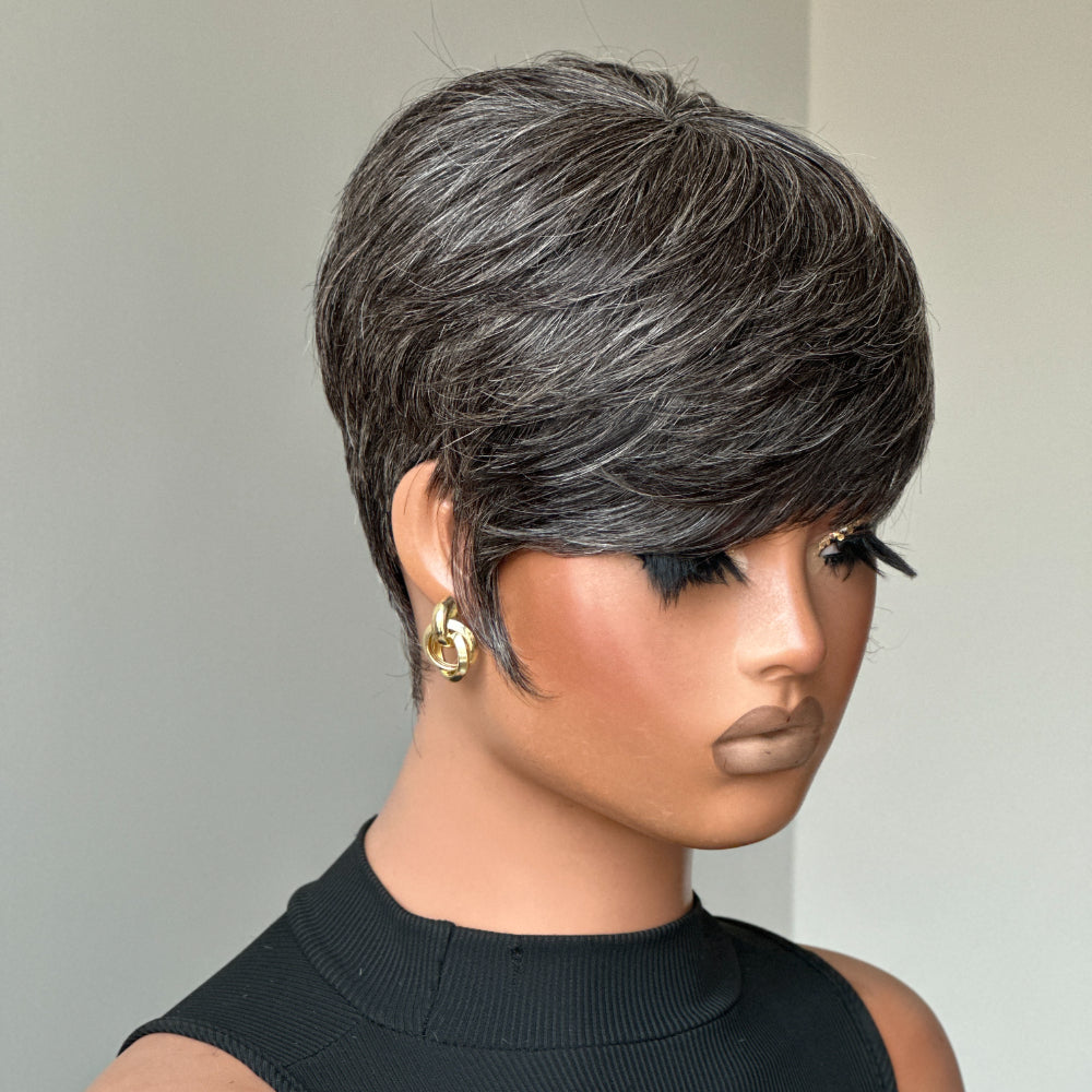 Elle Vane Designer Salt and Pepper Pixie Cuts Glueless Human Hair Wig