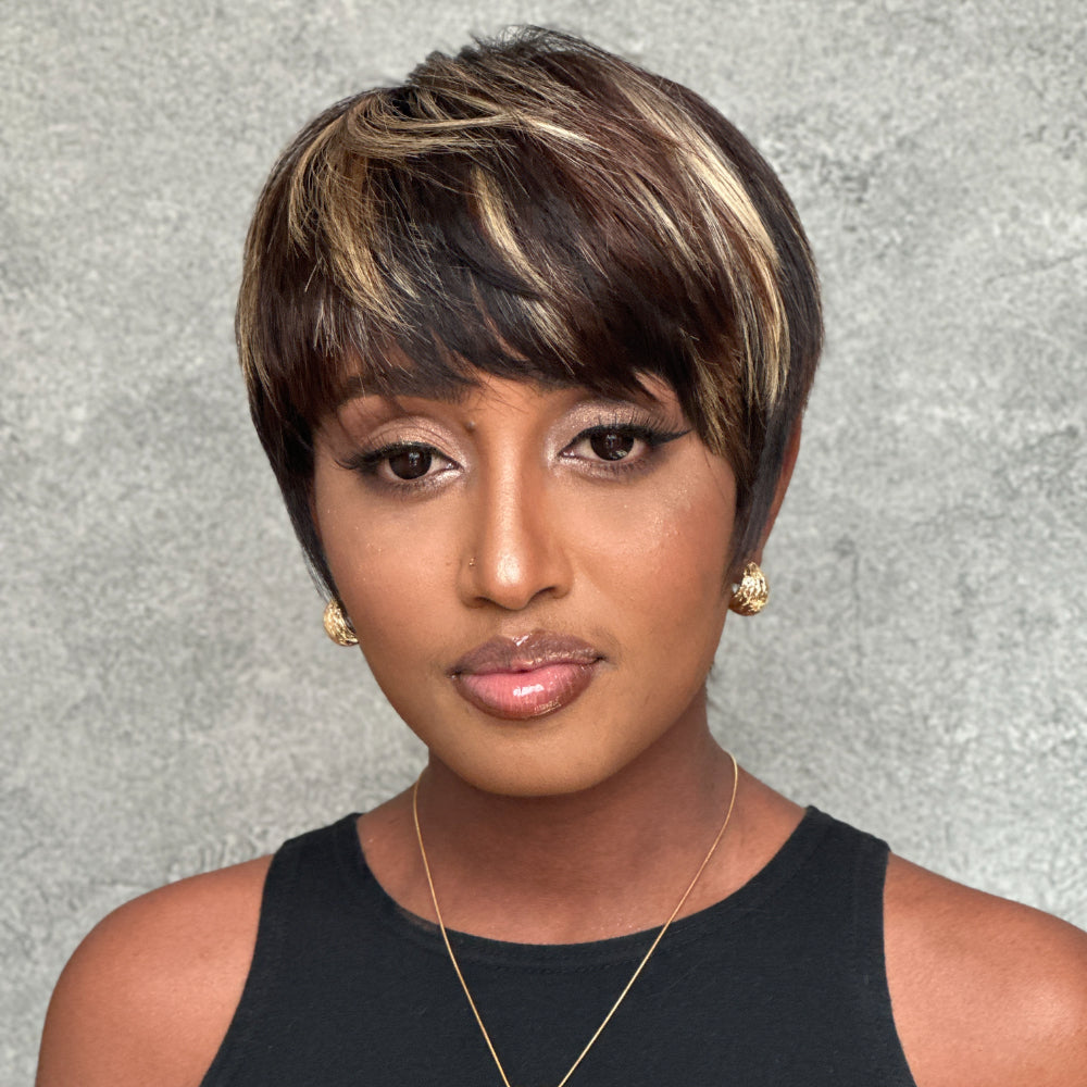 Elle Vane Put On & Go Gold Highlight Short Pixie Cut Wig with Bangs