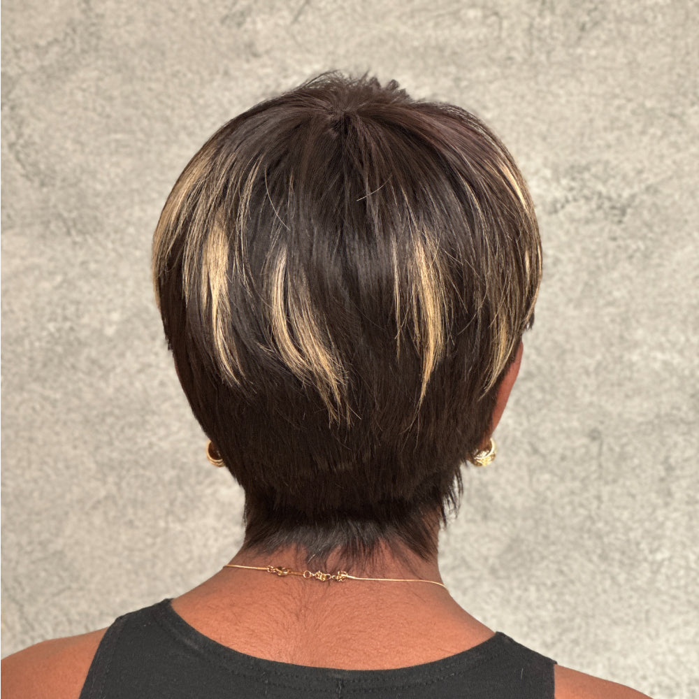 Put On & Go Gold highlights Short Pixie Cut Wig With Bangs