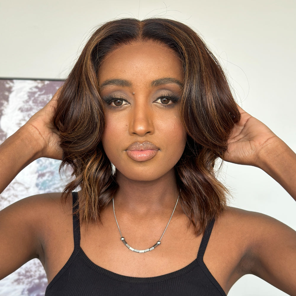 Brown Highlight Fluffy Wave Bob Wig