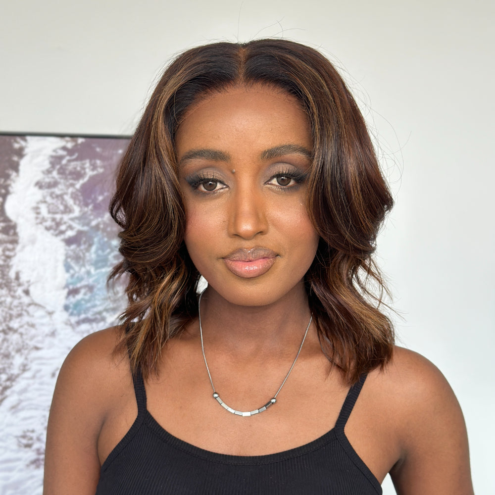 Brown Highlight Fluffy Wave Bob Wig