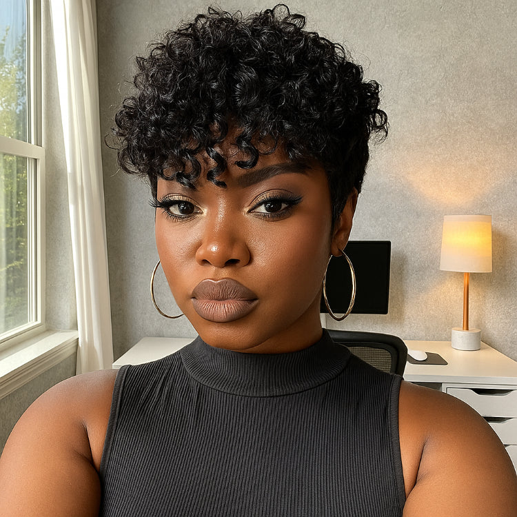 Elle Vane Natural Black Short Pixie Curly Wig