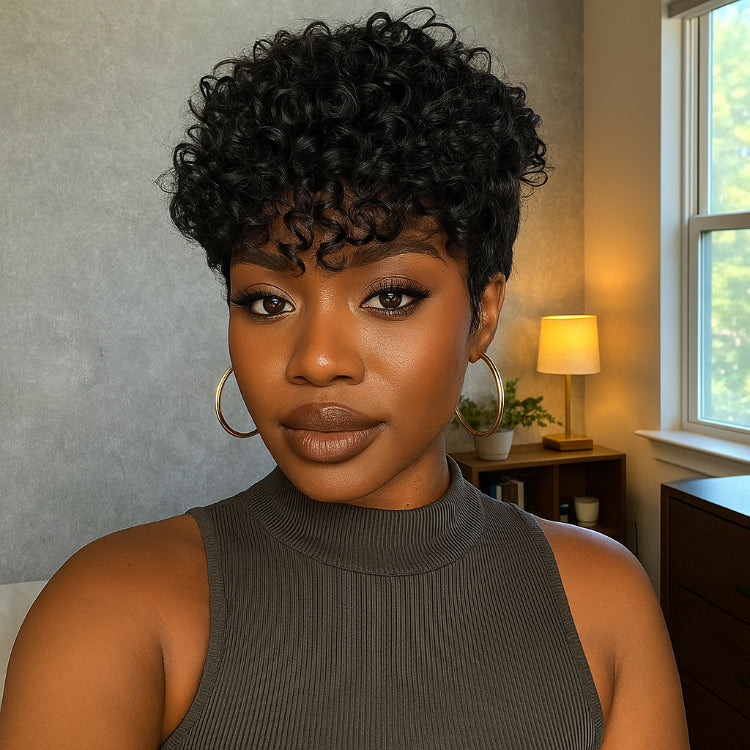 Elle Vane Natural Black Short Pixie Curly Wig