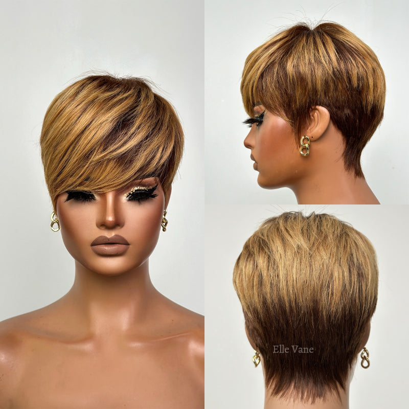 Elle Vane Blonde Highlights with Bottom Brown Short Pixie Cut Wig With Bangs