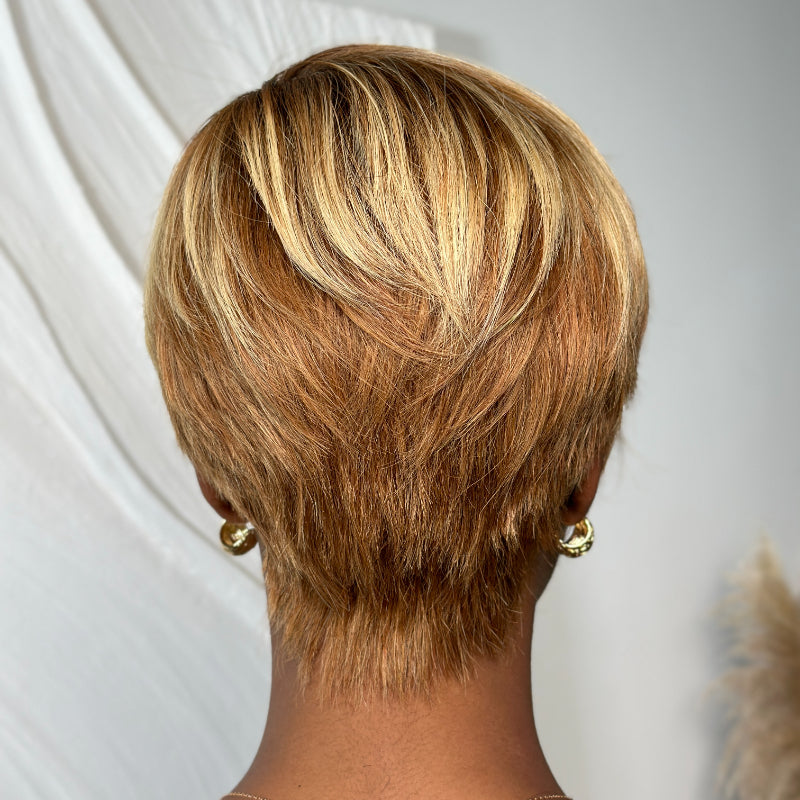 Elle Vane Glueless Blonde Highlights Short Pixie Cut Wig With Side Bangs