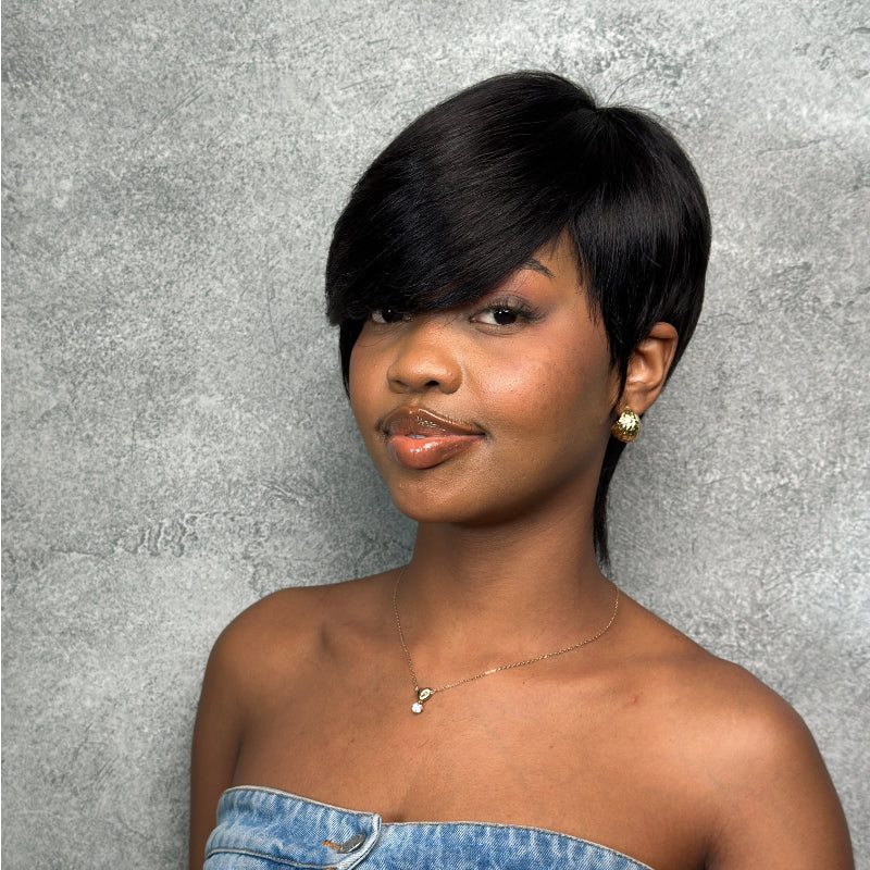 Elle Vane Natural Black Short Pixie Cut Wig With Side Bangs