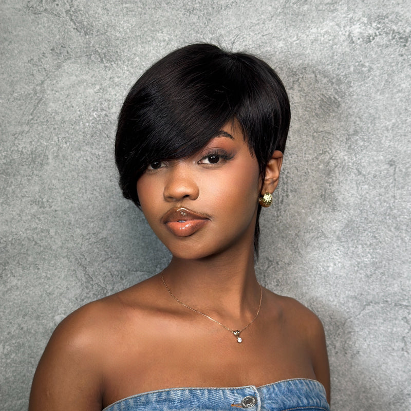 Elle Vane Natural Black Short Pixie Cut Wig With Side Bangs