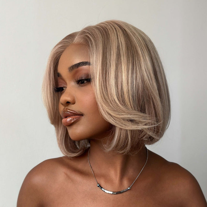 Elle Vane Glueless Gray-Gold Layered Bob 5x5 Lace Wig