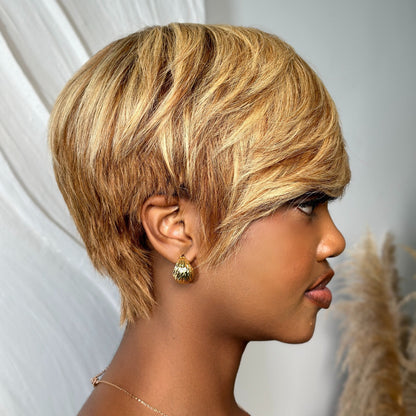 Elle Vane Glueless Blonde Highlights Short Pixie Cut Wig With Side Bangs