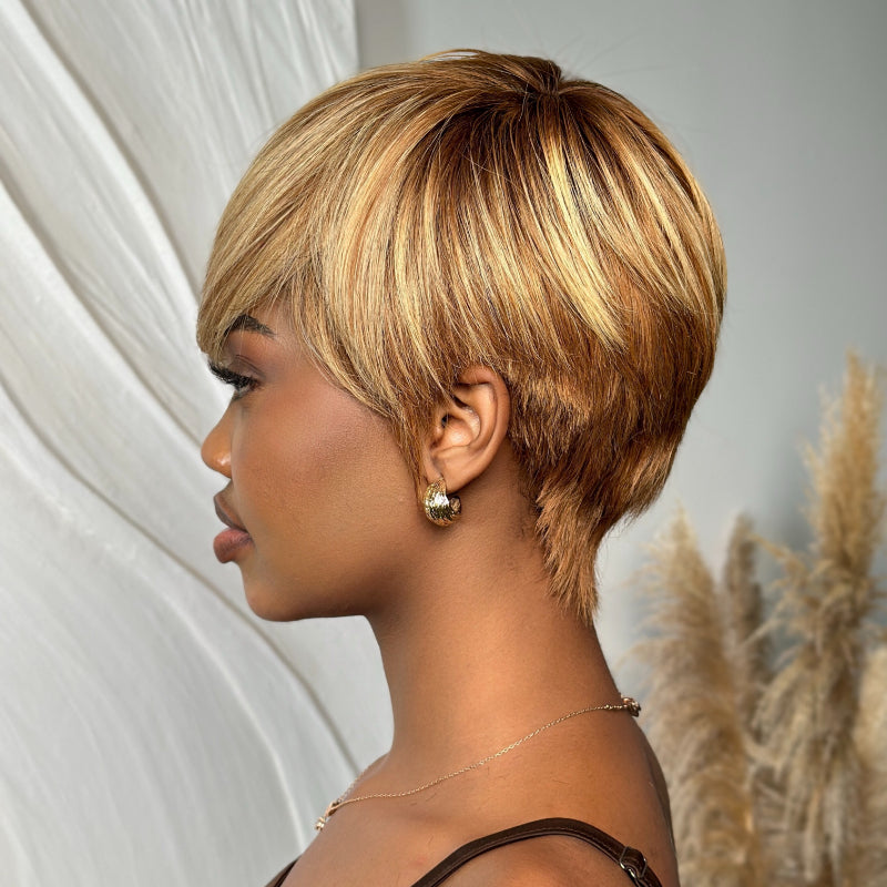 Elle Vane Glueless Blonde Highlights Short Pixie Cut Wig With Side Bangs