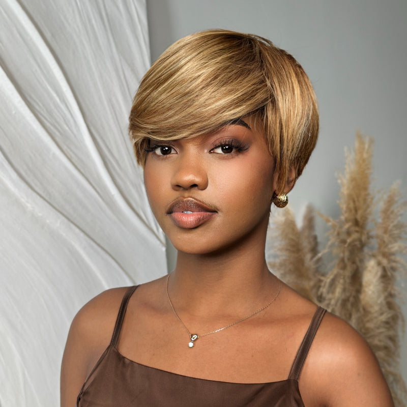 Elle Vane Glueless Blonde Highlights Short Pixie Cut Wig With Side Bangs