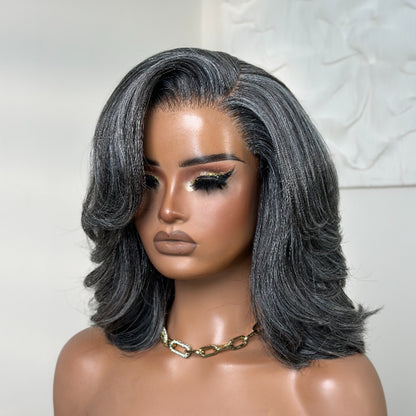 Elle Vane Put On and Go Salt and Pepper Layered Glueless Pre-Cut 7x5 Lace Grey Wig