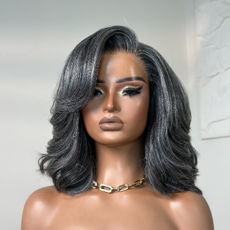 Elle Vane Put On and Go Salt and Pepper Layered Glueless Pre-Cut 7x5 Lace Grey Wig