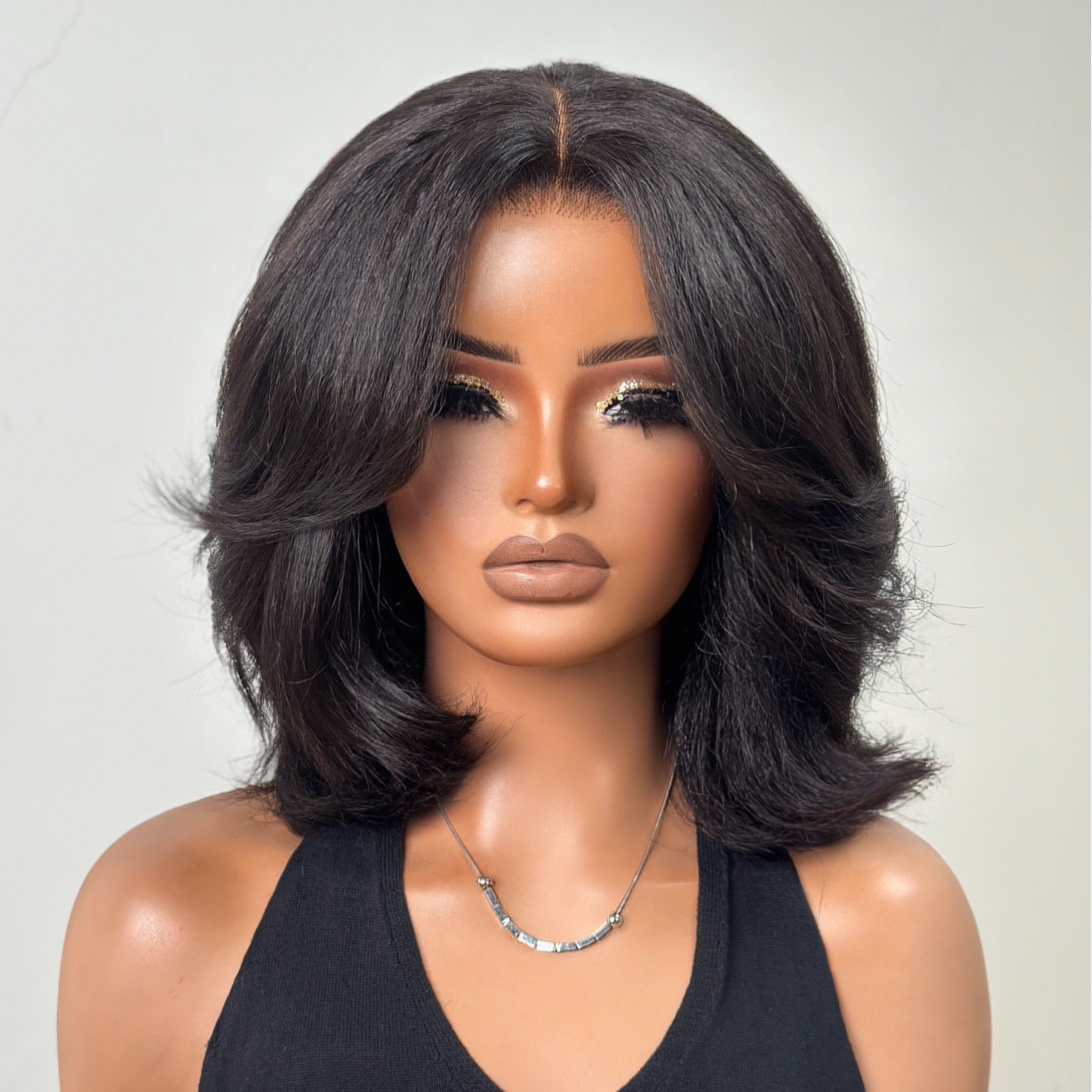 Kinky Straight Layered Blowout Bob Wig 180% Density Human Hair 5x5 & 13x4 Lace Wig