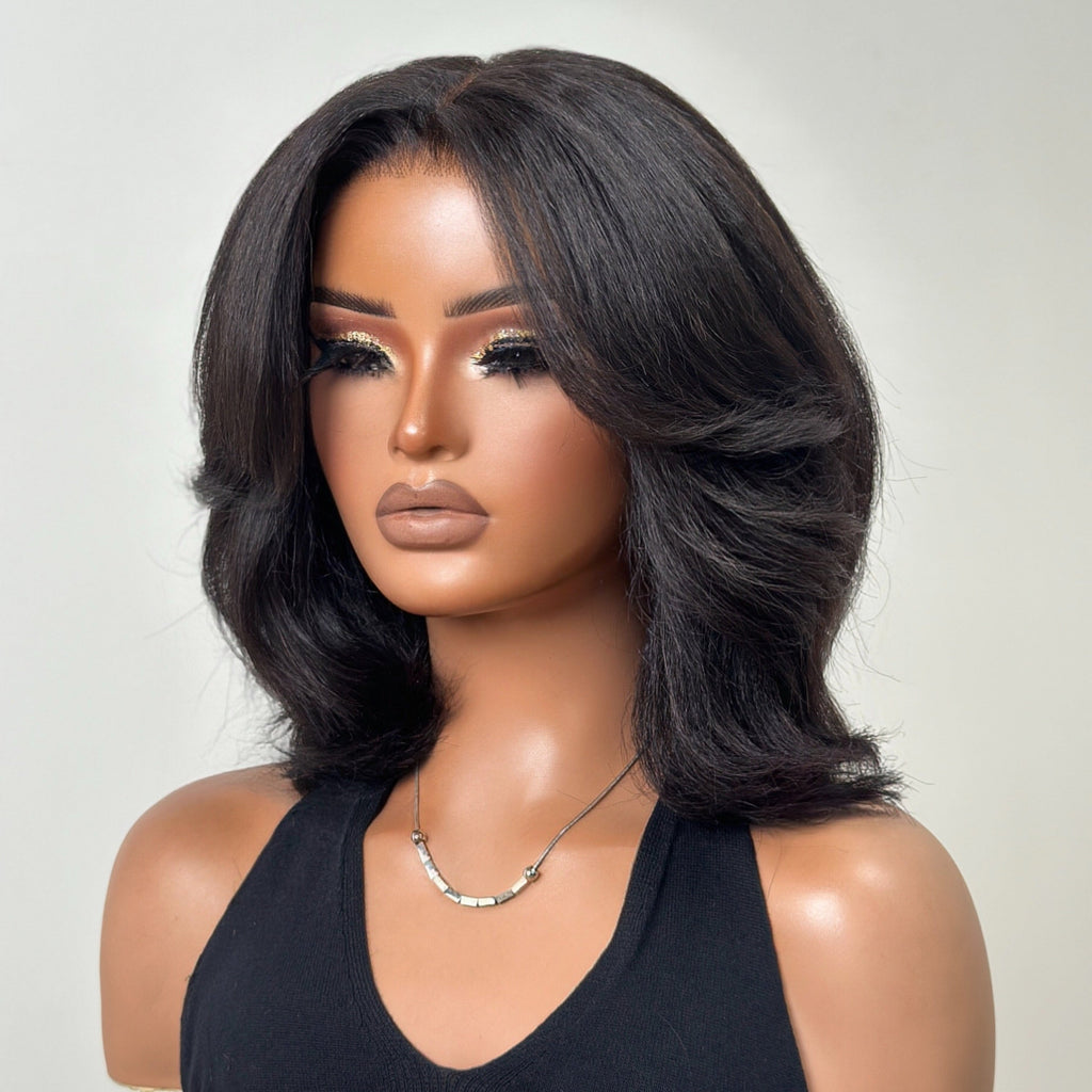 Kinky Straight Layered Blowout Bob Wig 180% Density Human Hair 5x5 & 13x4 Lace Wig