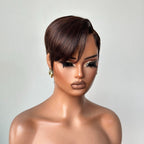 Full Lace Pixie Cut Wig Dark Brown Side Swept Bangs 180% Density Human Hair