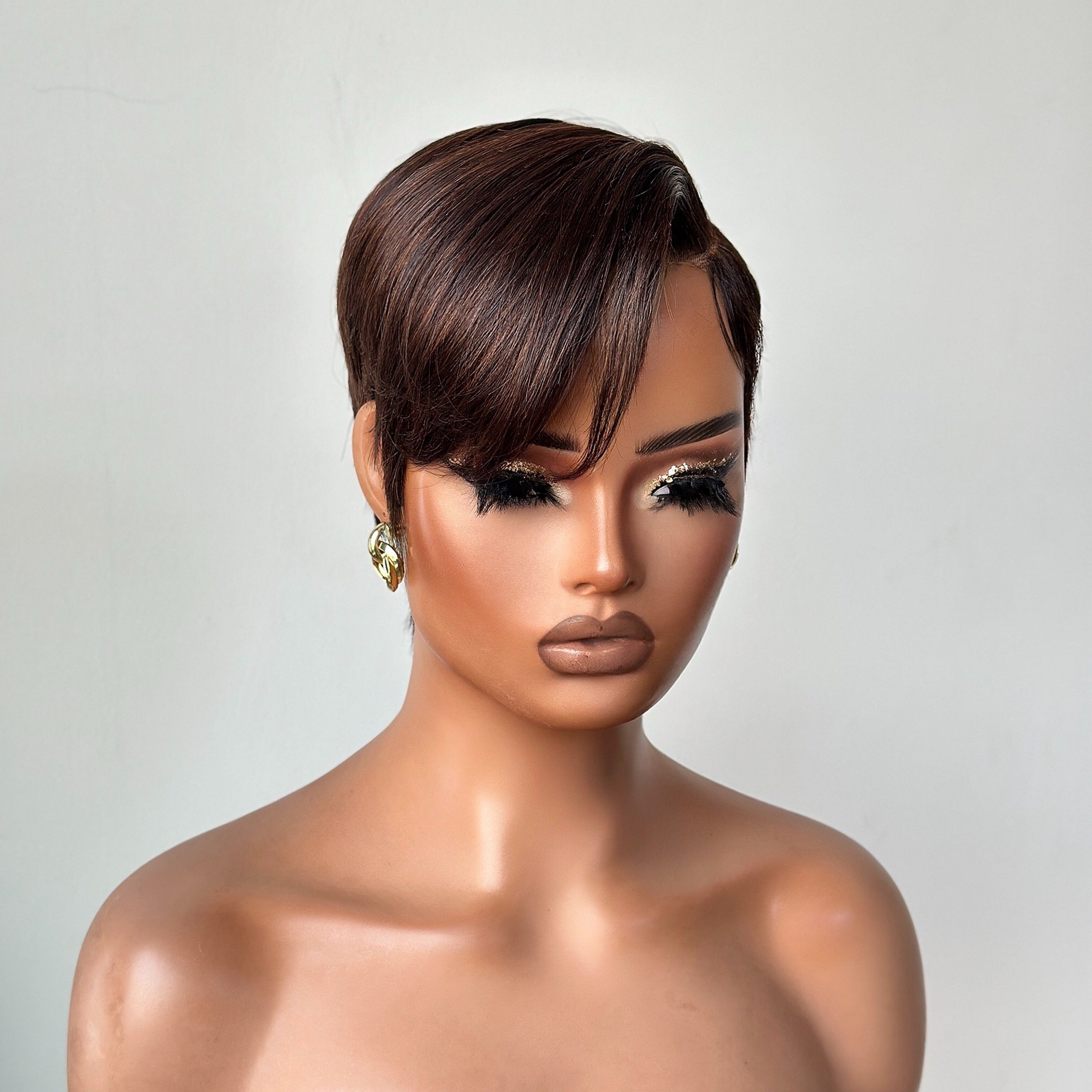 Full Lace Pixie Cut Wig Dark Brown Side Swept Bangs 180% Density Human Hair