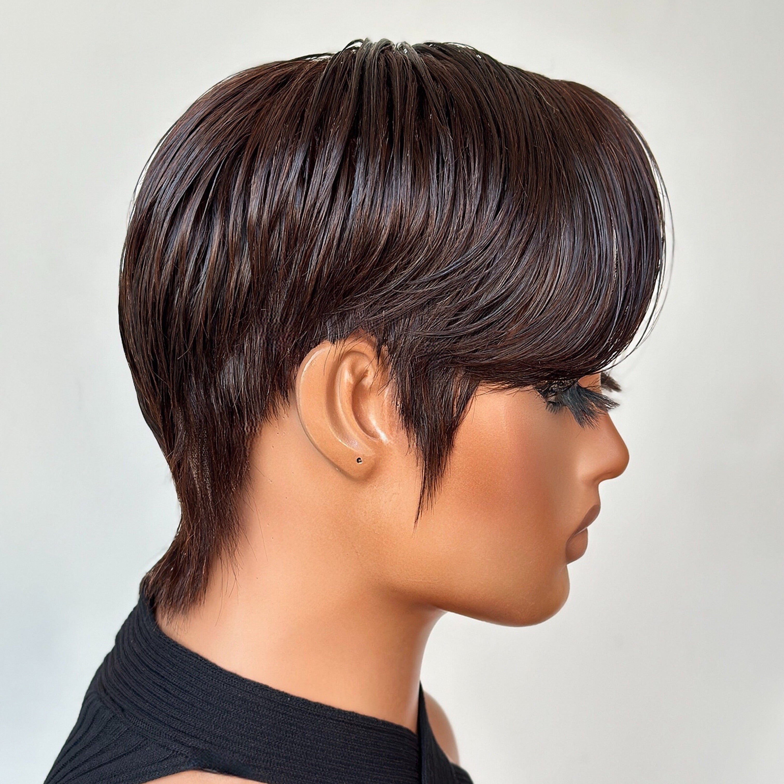 Full Lace Pixie Cut Wig Dark Brown Side Swept Bangs 180% Density Human Hair