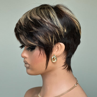 Elle Vane Put On & Go Gold Highlight Short Pixie Cut Wig with Bangs