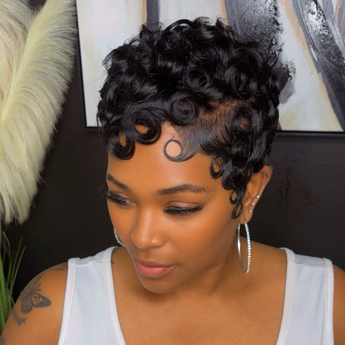 Elle Vane Short Pixie Finger Wave Full Lace Wig Human Hair Wigs