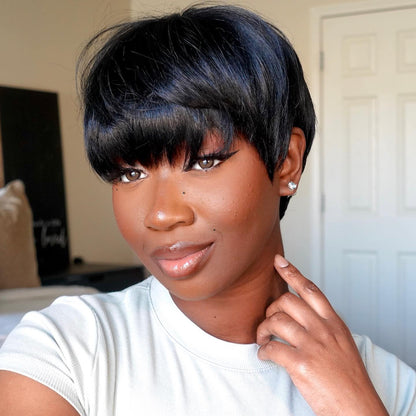 Short Pixie Cut Glueless Human Hair Wig With Bangs