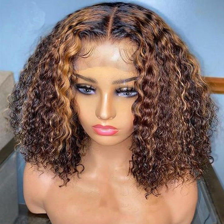 Highlight Honey Brown Curly Bob 5x5 Lace Glueless Wigs Human Hair