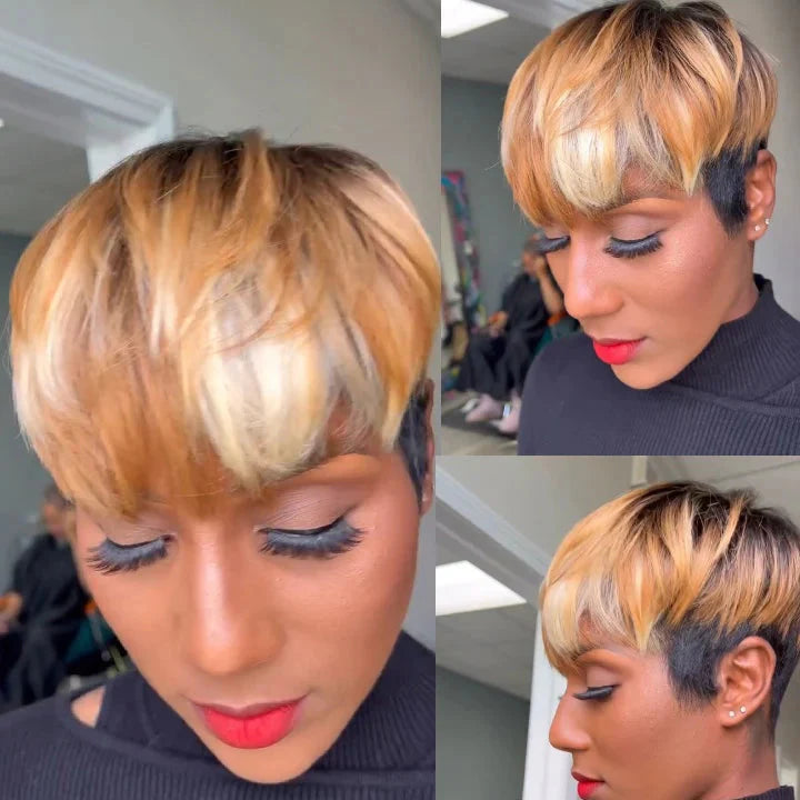 Short Bob Wig With Bangs Honey Blonde Brown Highlight 180% Density Glueless Human Hair