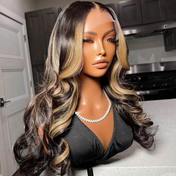 Honey Blonde Highlight Loose Body Wave Wig Pre-cut 5×5 Lace Put On & Go Wig