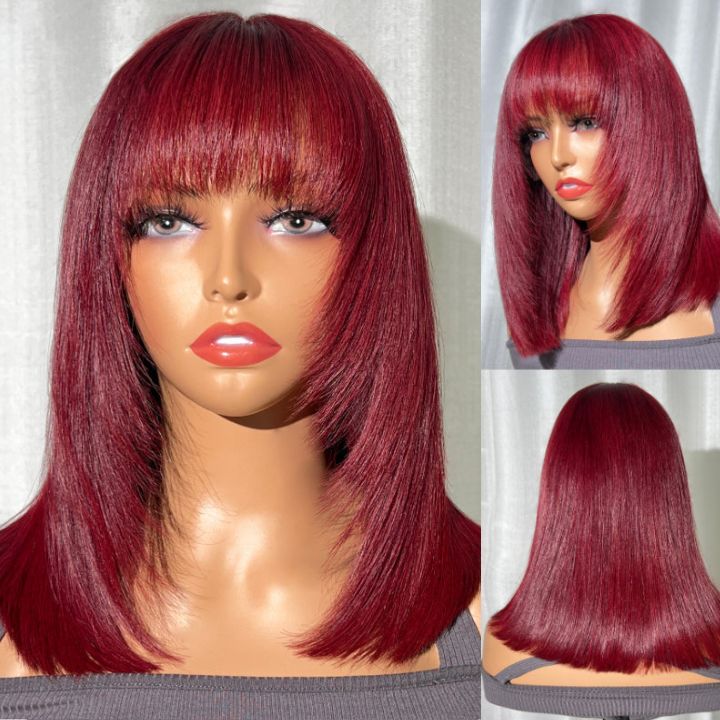 Glueless 99J Straight Short Layer Bangs Bob Lace Wigs Transparent 13x4 Lace Pre Plucked Wigs