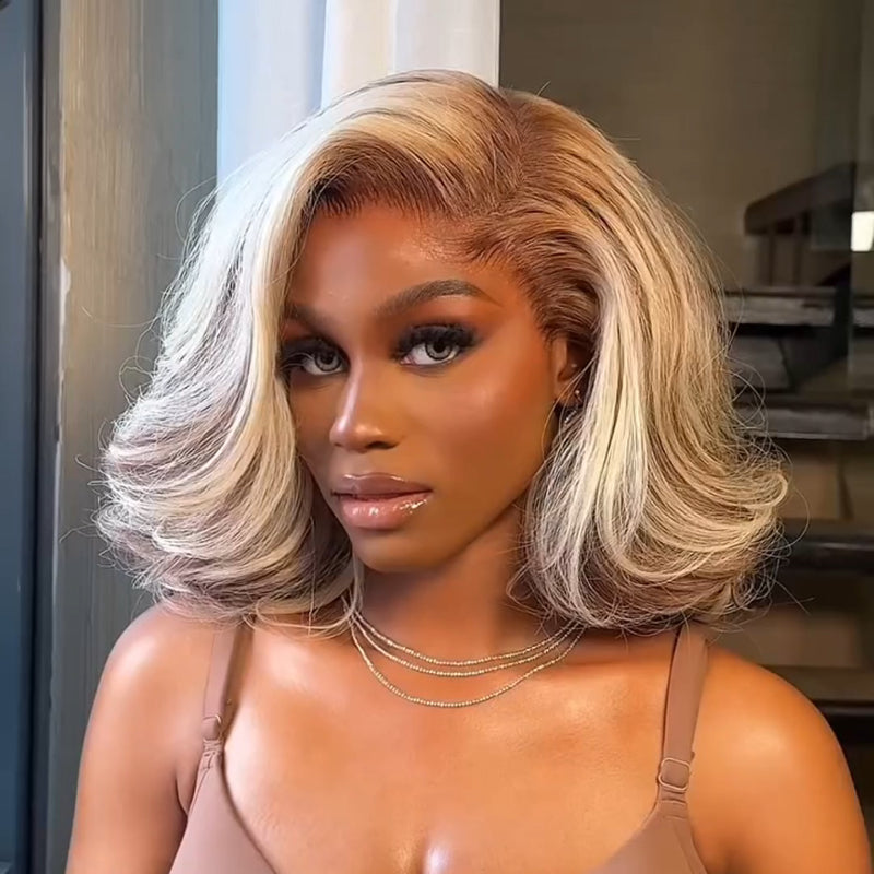 Elle Vane Ombre 613 Blonde Wave Bob With Dark Root Balayage 13x4 Lace Front Wig