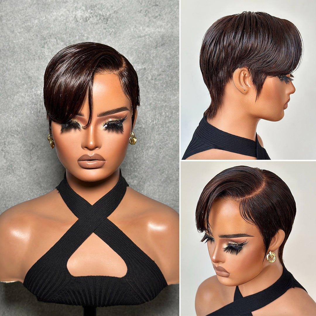 Full Lace Pixie Cut Wig Dark Brown Side Swept Bangs 180% Density Human Hair