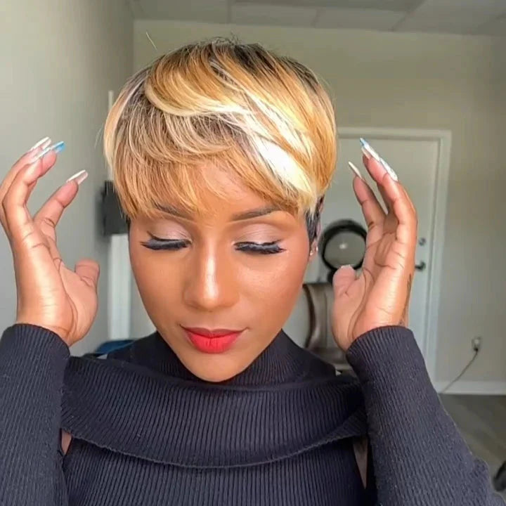 Short Bob Wig With Bangs Honey Blonde Brown Highlight 180% Density Glueless Human Hair