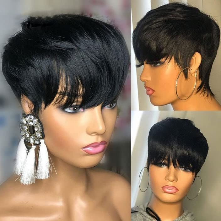 Put On & Go Short Wigs Layered Pixie Cut Human Hair with Bangs Bob Wigs