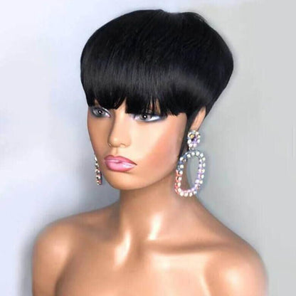 Put On & Go Short Wigs Layered Pixie Cut Human Hair with Bangs Bob Wigs