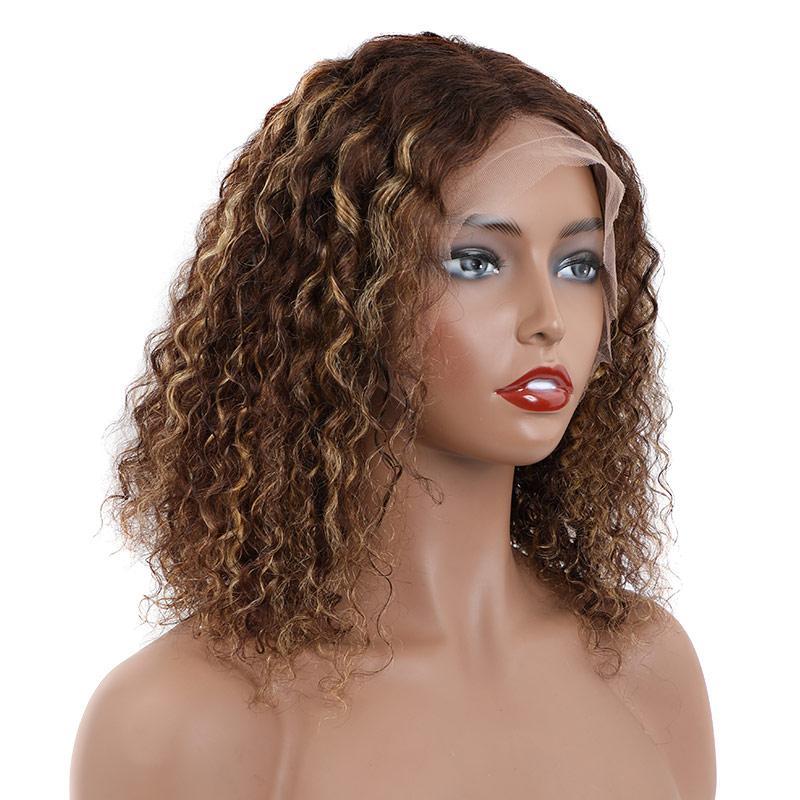 13x4 lace Brown With Blonde Highlights Curly Bob Lace Front Wigs With Baby Hair