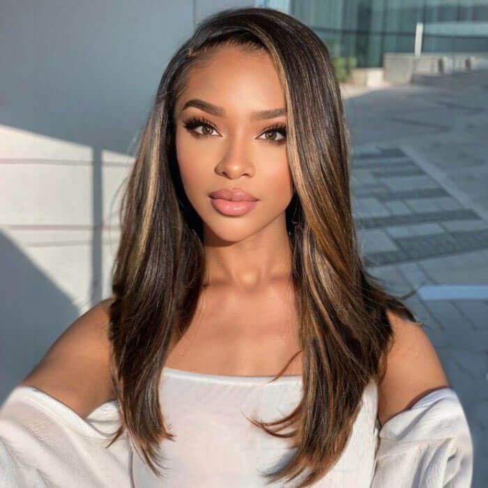 Brown Highlight Straight Side Part Glueless 5x5 Wig