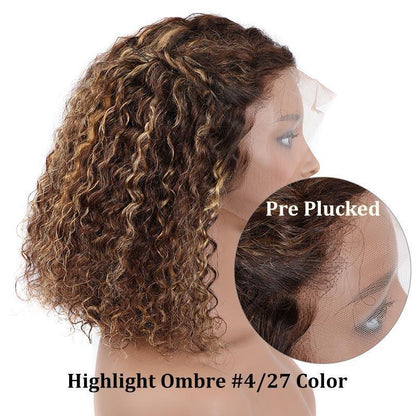 13x4 lace Brown With Blonde Highlights Curly Bob Lace Front Wigs With Baby Hair