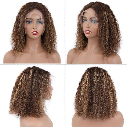 13x4 lace Brown With Blonde Highlights Curly Bob Lace Front Wigs With Baby Hair