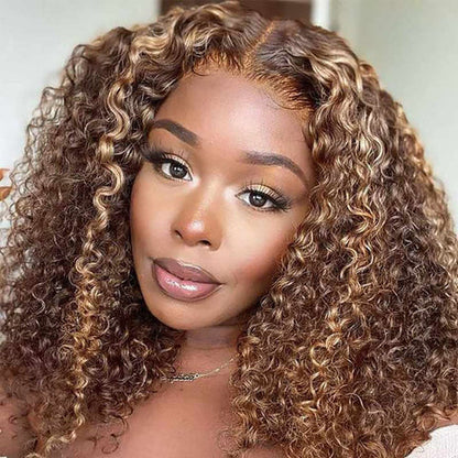 13x4 lace Brown With Blonde Highlights Curly Bob Lace Front Wigs With Baby Hair