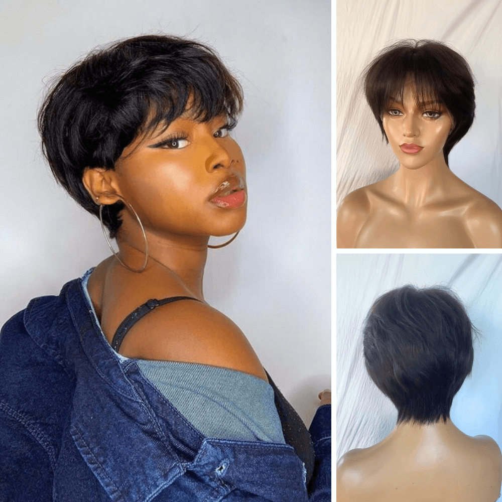 Pixie Cut Wig with Bangs no Lace Front 100% Human Hair