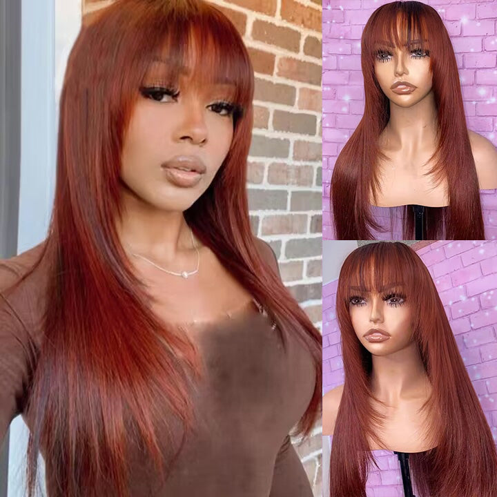 Pre Cut Lace Reddish Brown Straight Layer 13x4 lace Front Glueless Wig With Bangs Human Hair