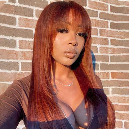 Pre Cut Lace Reddish Brown Straight Layer 13x4 lace Front Glueless Wig With Bangs Human Hair