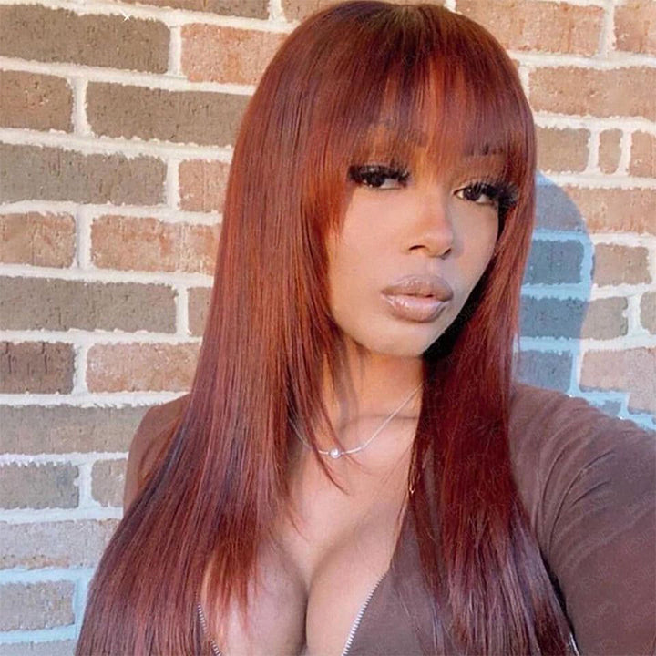 Pre Cut Lace Reddish Brown Straight Layer 13x4 lace Front Glueless Wig With Bangs Human Hair