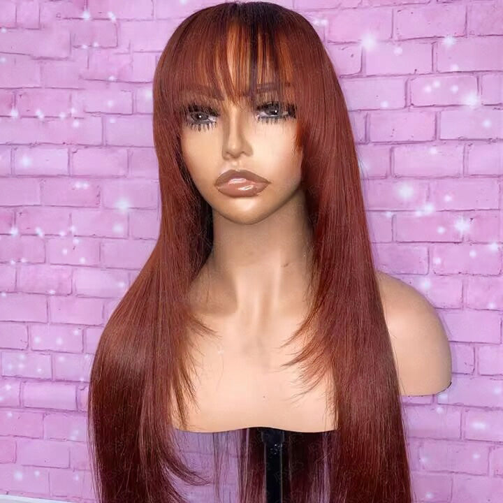 Pre Cut Lace Reddish Brown Straight Layer 13x4 lace Front Glueless Wig With Bangs Human Hair