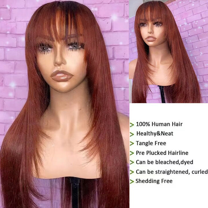 Pre Cut Lace Reddish Brown Straight Layer 13x4 lace Front Glueless Wig With Bangs Human Hair